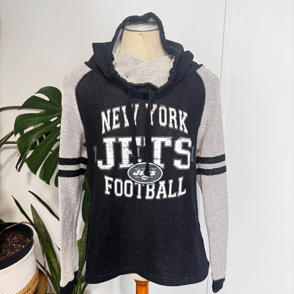 NFL New York Jets Hoodie Women XS Blue Gray Raglan Slub Knit Football Pullover